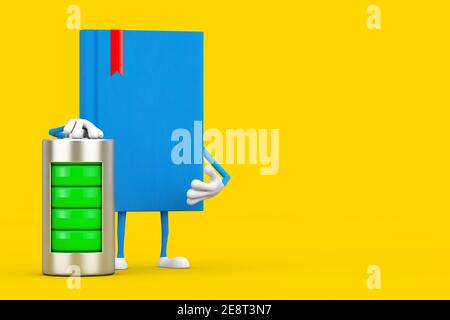 Blaues Buch-Zeichen-Maskottchen mit abstrakter Ladebatterie auf gelbem Hintergrund. 3D Rendering Stockfoto