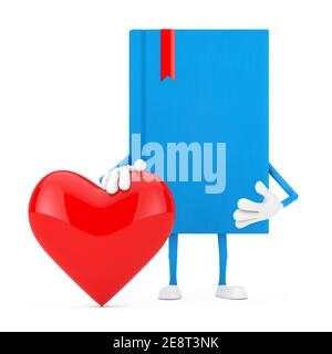 Blaues Buchzeichen Maskottchen mit rotem Herz auf weißem Hintergrund. 3D Rendering Stockfoto