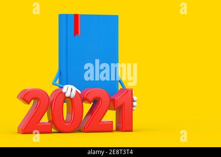 Blaues Buchzeichen Maskottchen mit 2021 Neujahrszeichen auf gelbem Hintergrund. 3D Rendering Stockfoto