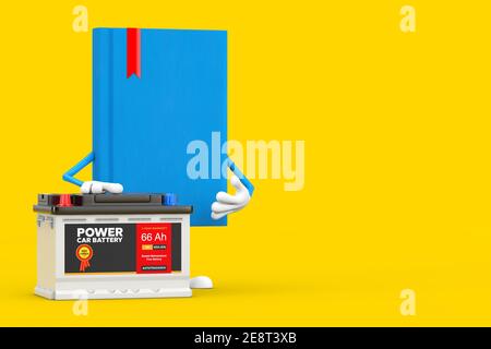 Blue Book Character Mascot und wiederaufladbare Auto-Batterie 12V Akkumulator mit abstrakten Etikett auf einem gelben Hintergrund. 3D Rendering Stockfoto