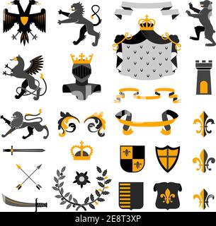 Heraldische königliche Symbole Embleme Design und Wappenelemente Sammlung golden schwarz abstrakt isoliert Vektor-Illustration Stock Vektor
