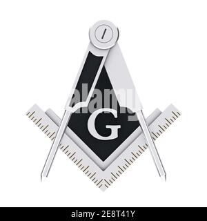 Freimaurerei Silber Quadrat und Kompass mit G-Buchstaben Emblem Symbol Logo-Symbol auf weißem Hintergrund. 3D Rendering Stockfoto