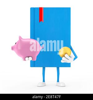 Blaues Buchfigur-Maskottchen mit Sparschwein und Golddolinmünze auf weißem Hintergrund. 3D Rendering Stockfoto