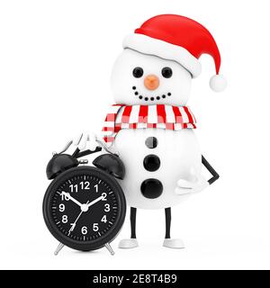 Schneemann in Weihnachtsmann Hut Figur Maskottchen mit Wecker auf weißem Hintergrund. 3D Rendering Stockfoto