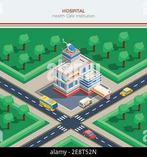 Isometrische Stadt Konstruktor mit Krankenhaus Gebäude Hubschrauber auf Dachkreuzung Ambulanz und Autos Vektor Illustration Stock Vektor