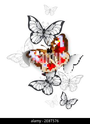 Fliegende rote, realistische, strukturierte Pfauenschmetterling und weiße, graue Schmetterlinge auf weißem Hintergrund. Stock Vektor