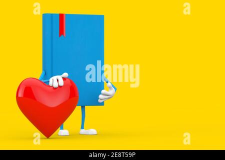 Blaues Buchzeichen Maskottchen mit rotem Herz auf gelbem Hintergrund. 3D Rendering Stockfoto