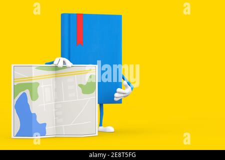 Blaues Buch-Zeichen-Maskottchen mit abstrakter Plan-Karte auf gelbem Hintergrund. 3D Rendering Stockfoto