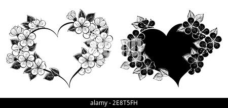 Herzrahmen mit Kontur verziert, künstlerisch gezeichnet Sakura Blumen auf weißem Hintergrund. Farbgebung. Blühende japanische Kirsche. Stock Vektor