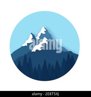 Snow Mountain Peaks. Papierformat im Querformat. Wald. Kreisrahmen. Vektor. Stock Vektor
