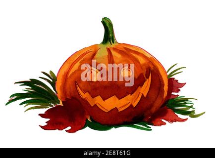 Halloween Kürbis mit Herbstblättern und grünem Gras. Tusche und Aquarellzeichnung Stockfoto