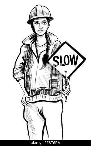 Hübsche Arbeiterin mit einem langsamen Zeichen. Tinte schwarz-weiß Zeichnung Stockfoto