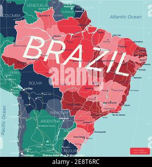 Brasilien Land detaillierte editierbare Karte mit Regionen Städte und Städte, Straßen und Eisenbahnen, geografische Standorte. Vector EPS-10-Datei Stock Vektor