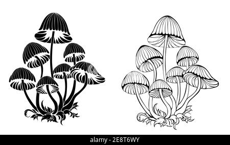 Zwei Gruppen von künstlerisch gezeichneten, konturierten, schwarzen, isolierten, Silhouette-Toadstools auf weißem Hintergrund. Halluzinogene Pilze. Stock Vektor