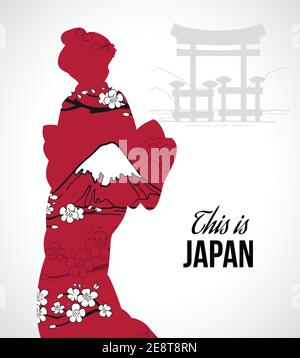 Geisha Silhouette mit Sakura Blumen und Berge Poster Vektor Illustration Stock Vektor