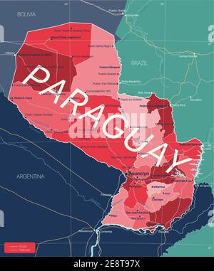 Paraguay Land detaillierte editierbare Karte mit Regionen Städte und Gemeinden, Straßen und Eisenbahnen, geografische Standorte. Vector EPS-10-Datei Stock Vektor