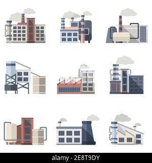 Industrielle Bauwerke und Fabriken flache Symbole setzen isolierte Vektor Abbildung Stock Vektor