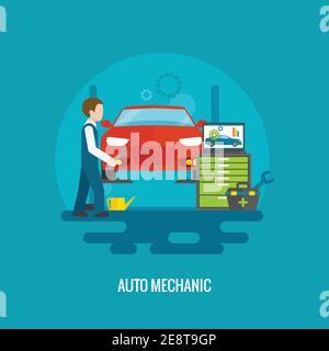 Auto Mechaniker in Reparatur-Service-Center mit Auto und Arbeit Werkzeuge flache Vektordarstellung Stock Vektor