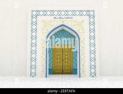Moschee Eingang Bogen Mit Schmiedeeisernen Tür Und Wand Mit Geometrischen Fliesen, Blumenmuster Und Stein Schnitzerei Verziert Stockfoto