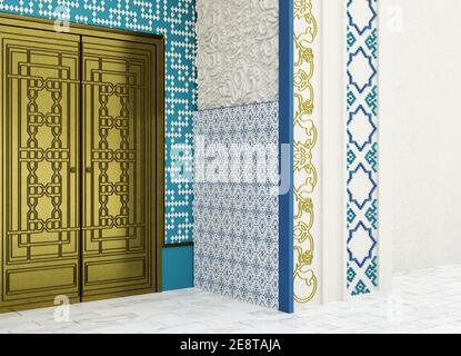 Moschee Eingang Bogen Mit Schmiedeeisernen Tür Und Wand Mit Geometrischen Fliesen, Blumenmuster Und Stein Schnitzerei Verziert Stockfoto