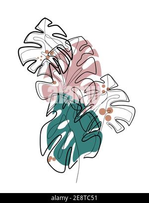 Zusammensetzung aus Monolinenblättern der Monstera mit Farbfleck und Punkt. Kontur tropisches Laub. Kontur trendige Busch mit Farbkreis. Zarte Illust Stock Vektor