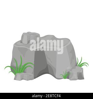 Rock, großer Stein mit Gras detaillierte Zeichnung geologische Struktur, Textur isoliert auf weißem Hintergrund. Konstruktion, Design-Element für Spiel, Boulder. Stock Vektor