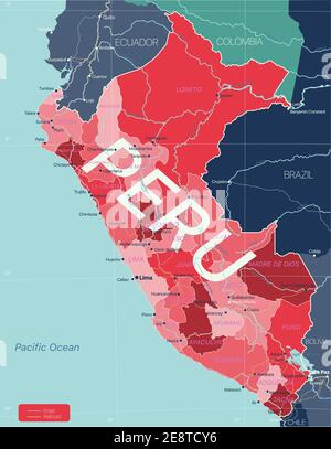 Peru Land detaillierte editierbare Karte mit Regionen Städte und Städte, Straßen und Eisenbahnen, geografische Standorte. Vector EPS-10-Datei Stock Vektor