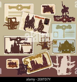 Vintage Postkarten Schablonenset mit handgezeichneten Landmarken und Briefmarken vektorgrafik Stock Vektor