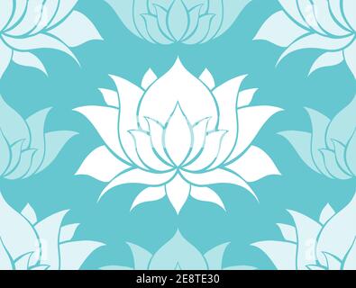 Zartes Nahtmuster mit weißen Silhouetten von Lotusblumen. Seerosen auf Türkis. Tapete für Spa-Salons und Yoga-Zentren. Vektor florale Textu Stock Vektor