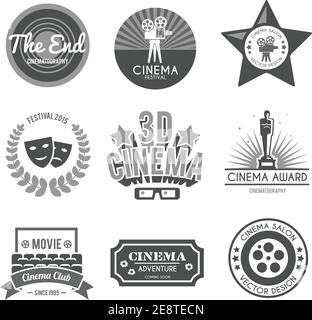 Cinema 3d Film Clubs Retro Black Labels Kollektion mit Film Theaterkarten Kamera isoliert Vektor Illustration Stock Vektor