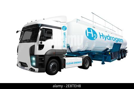 LKW auf Wasserstoff-Kraftstoff mit H2-Tankanhänger isoliert auf weißem Hintergrund. Stockfoto