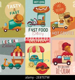 Fast Food Delivery Trucks Mini Poster Set isoliert Vektor-Illustration Stock Vektor