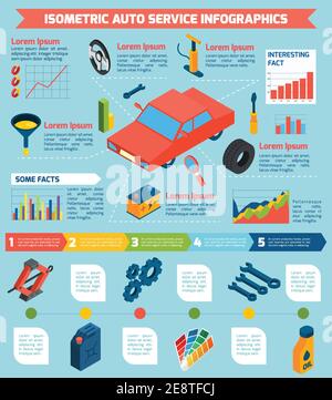 Auto-Service-Reparatur-Teile und Verbrauchsmaterialien mit Statistiken und Stufen Isometrische Infografiken Vektordarstellung Stock Vektor