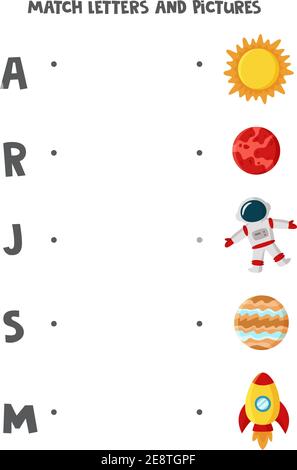 Spiel Planeten, Rakete, Sonne und Astronaut mit Buchstaben Alphabet. Lernspiel. Stock Vektor