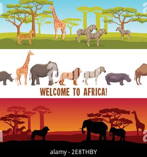 Horizontale bunte afrikanische Tiere mit Bäumen Banner gesetzt isoliert Vektor Abbildung Stock Vektor