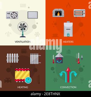 Symbole für Heizlüftung und Konvektionsflachbildung setzen isolierte Vektordarstellung Stock Vektor