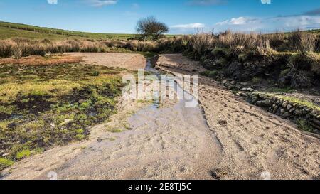 Ein Panoramablick auf einen kleinen Bach, der durch das Kiesvorland am Colliford Lake am Bodmin Moor in Cornwall fließt. Stockfoto