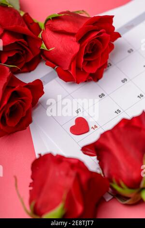 Valentinstag. Rote Feuerstellen und Rosen auf Kalenderseite. 14. Februar des Valentinstag. Rosa Hintergrund. Stockfoto