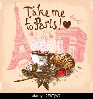 Take Me to paris Handgezeichnetes Konzept mit Kaffeetasse Croissant Eiffelturm und Triumphbogen Konzept Vektor-Illustration Stock Vektor