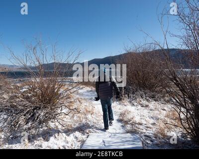 Junge zu Fuß in Richtung See in Parka in Fishlake National Forest, Richfield, Utah im Winter, Spätherbst an klaren kalten Tag mit Schnee Stockfoto