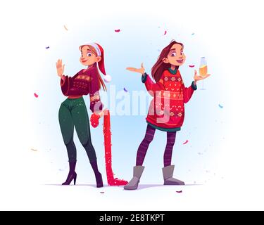 Junge Frauen in hässlichen Pullovern feiern Weihnachten und Neujahr. Vektor Cartoon Illustration für Weihnachten Grußkarte mit Mädchen in Strickpullover und roten weihnachtsmann Hut mit Champagner und Lametta Stock Vektor