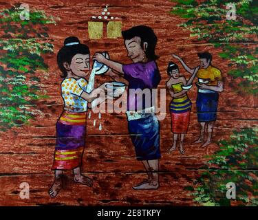 Kunst, Malerei, Acryl, Farbe, Thai Muster, Thai Land, Tradition Stockfoto