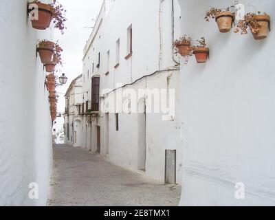 Weiße Gasse mit Töpfen an den Wänden in Arcos de la Frontera, Cadiz, Spanien Stockfoto