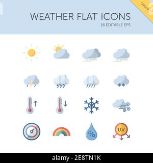 Wetter und Meteorologie Gruppe. Sonne, Wolken, Temperatur und Druck. Isolierte Farbsymbole. Flache Vektorgrafik Stock Vektor