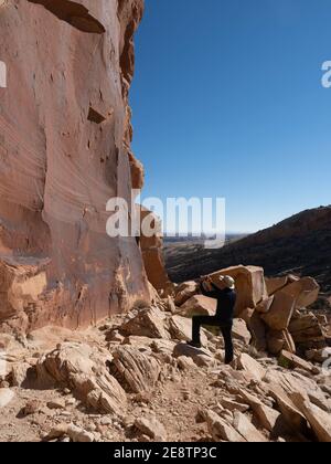 Gehen Sie zu Processional Panel Petroglyphen in Combs Ridge, Butler Wash Road, Bears Ears National Monument in der Nähe von Bluff, Utah, USA Stockfoto