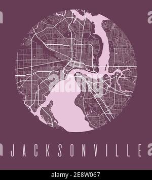 Jacksonville Kartenposter. Dekoratives Design Stadtplan von Jacksonville Stadt. Stadtbild ARIA Panorama Silhouette Luftbild, Typografie Stil. Land, ri Stock Vektor