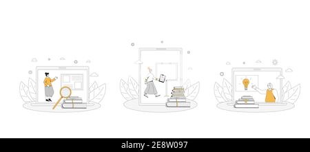 Online-Schulungen. Konzepte zur Sammlung digitaler Lerninhalte. Der Lehrer gibt Webinare oder Online-Videotrainings. Vektor Farbe Linie Kunst flache Illustration. Stock Vektor