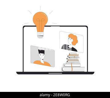 Brainstorming. Online-Schulungen. Digitales Lernen. Zwei Männer sprechen miteinander auf dem Computerbildschirm. Lehrer und Schüler. Internet-Webinar oder Online-V Stock Vektor