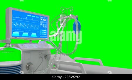 Healthcare 3D Illustration, ITS-Lungenventilator mit Bett 3D Rendern, isoliert auf grün Stockfoto