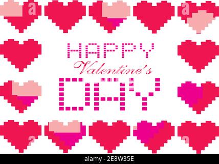Alles Liebe zum Valentinstag und rote Pixel Herzen Symbole rund um. Abbildung eps18. Grußkarte zum Liebesgrüßen. Stock Vektor